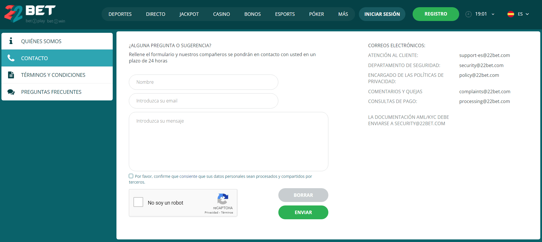 Soporte de 22Bet casino