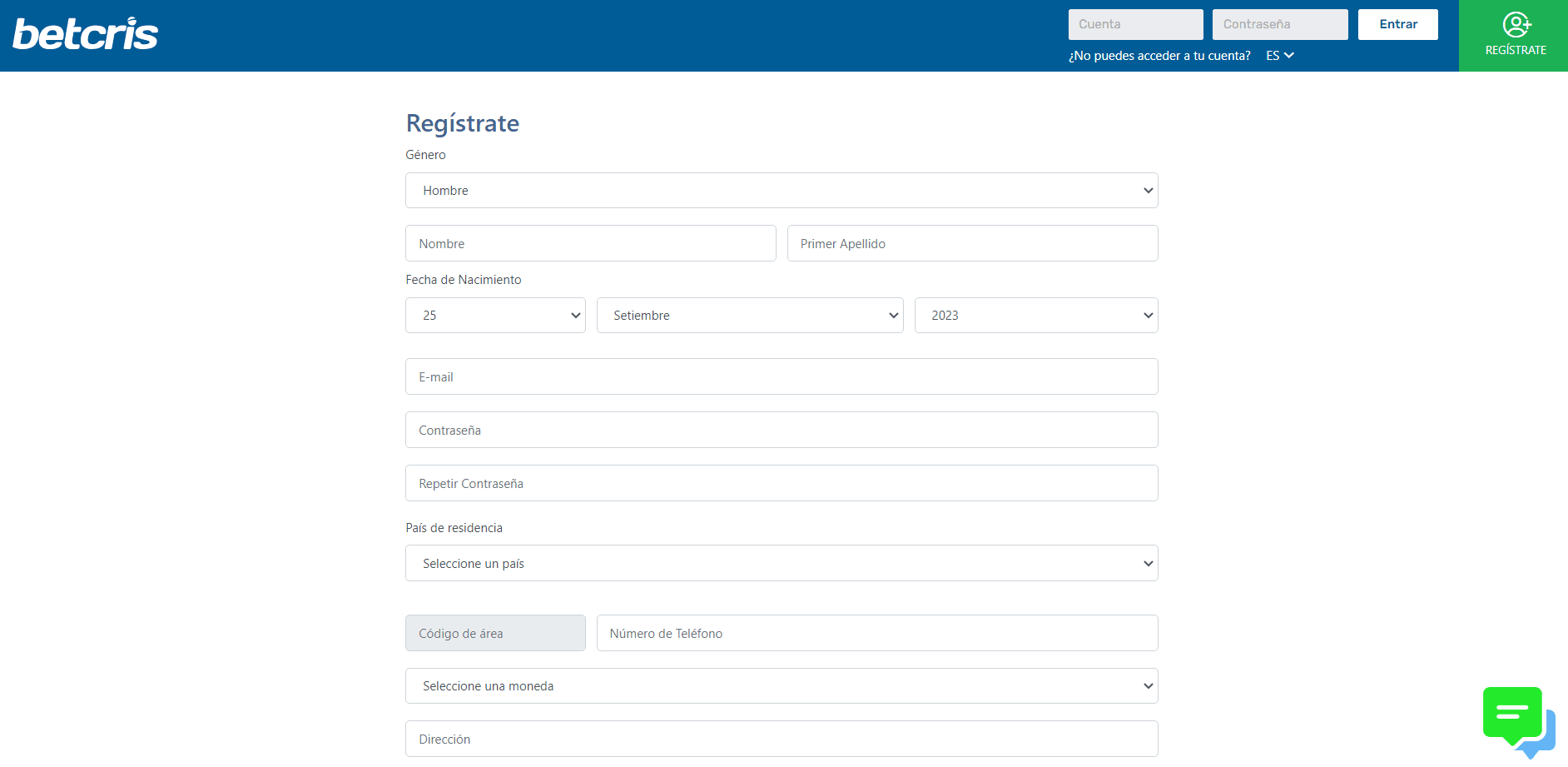 Inscripción en Betcris casino