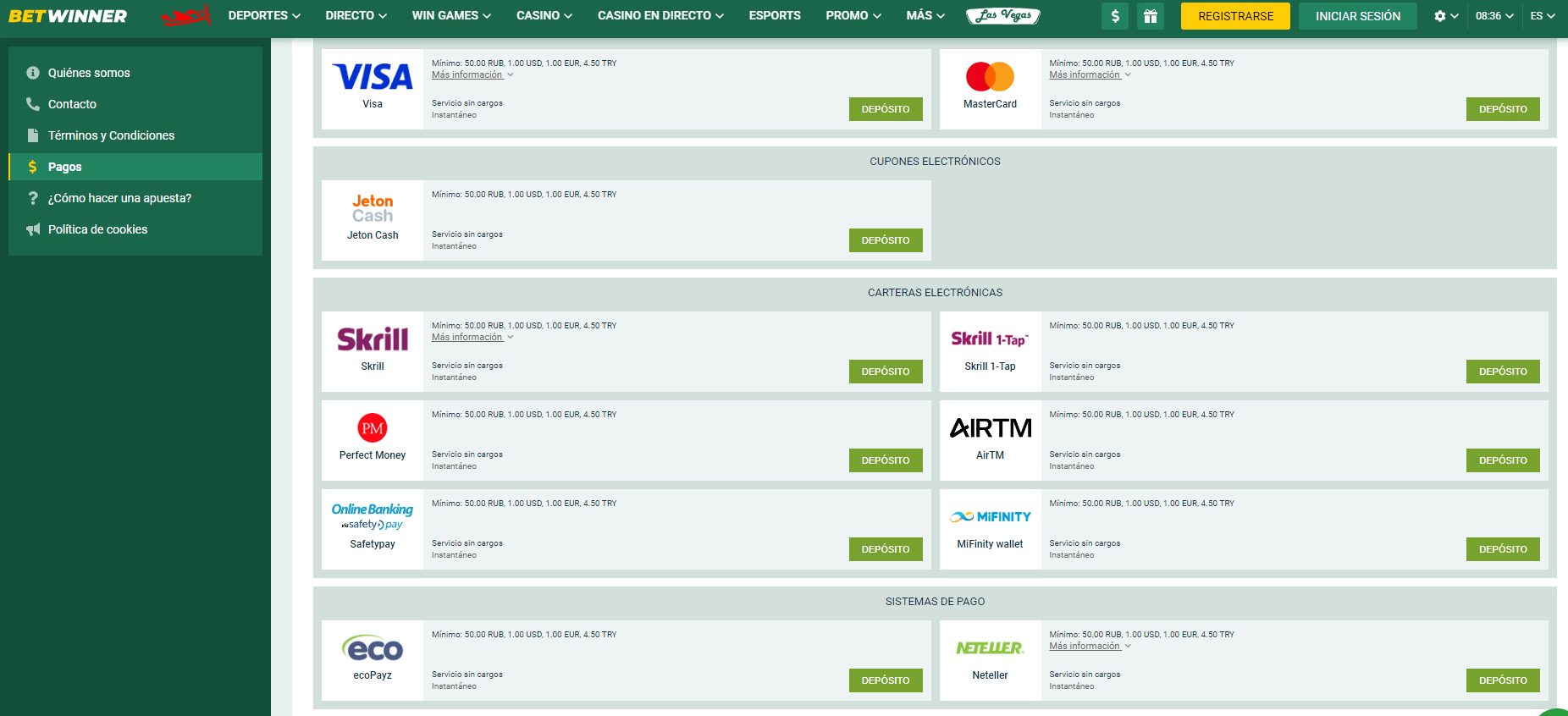 Métodos de pago en Betwinner casino