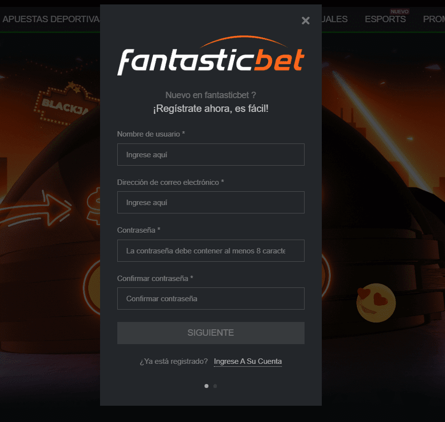 Registro en FantasticBet casino