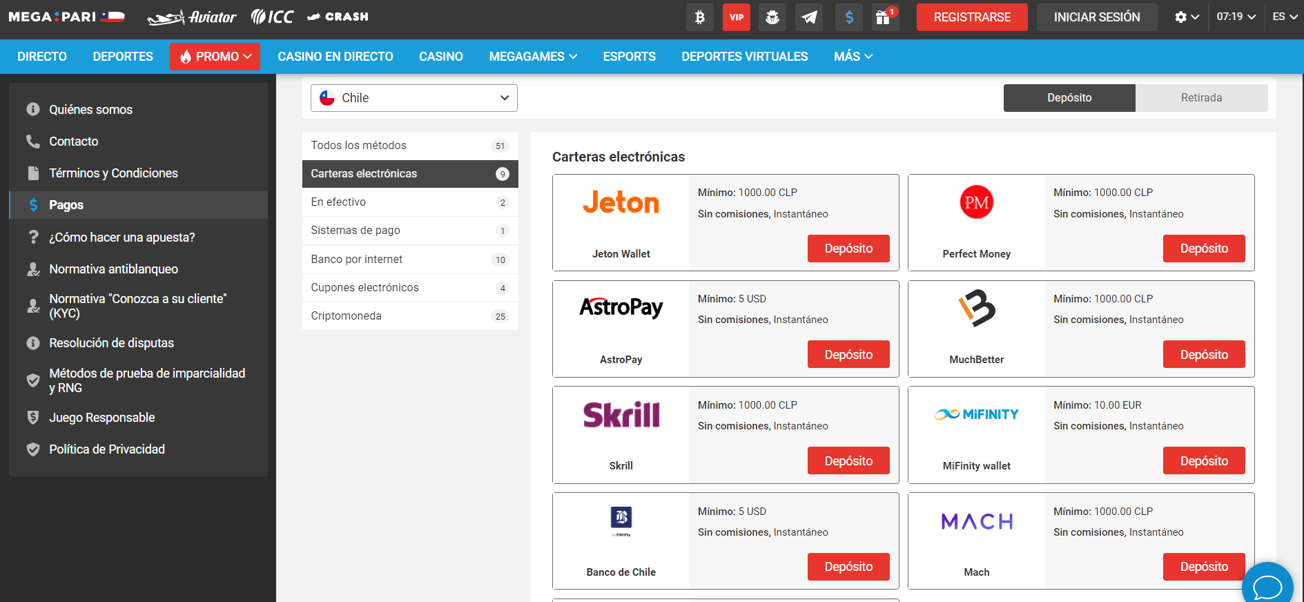 Métodos de pago en Megapari casino