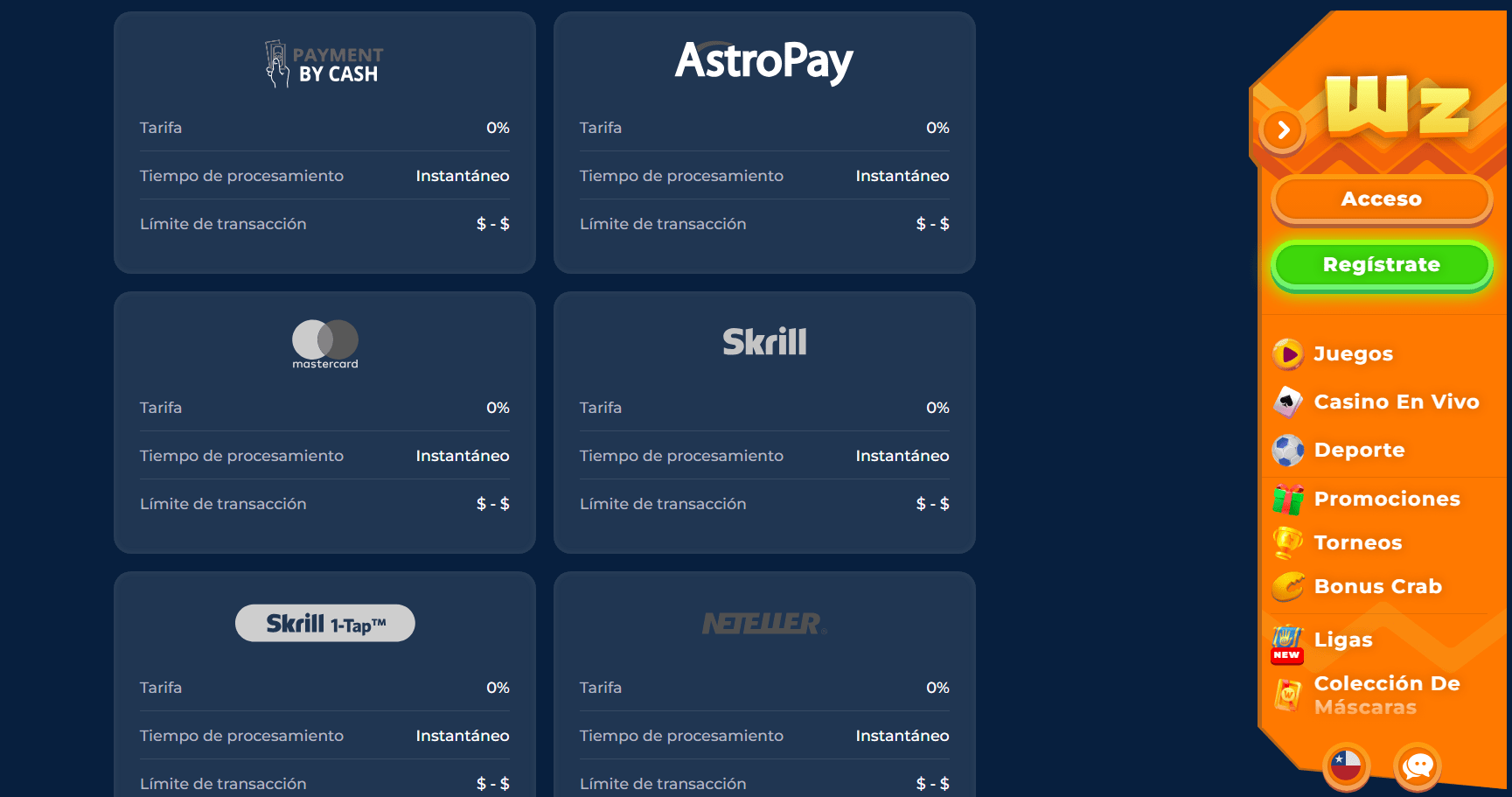 Métodos de pago en Wazamba casino