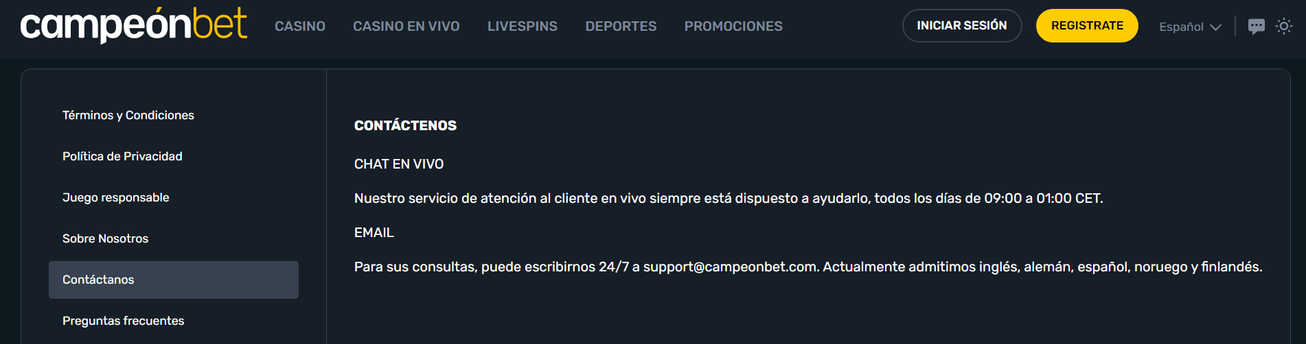 Soporte al cliente en Campeonbet