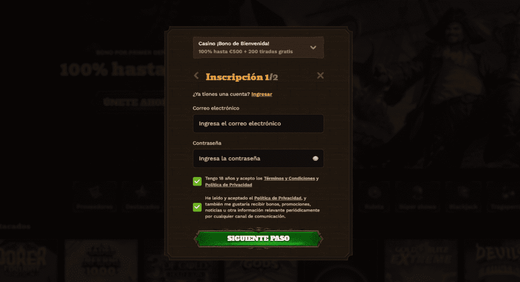 Proceso de registro en FatPirate