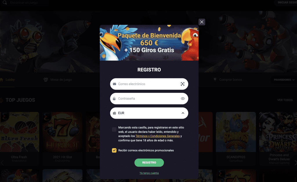 Proceso de registro en Candy Casino